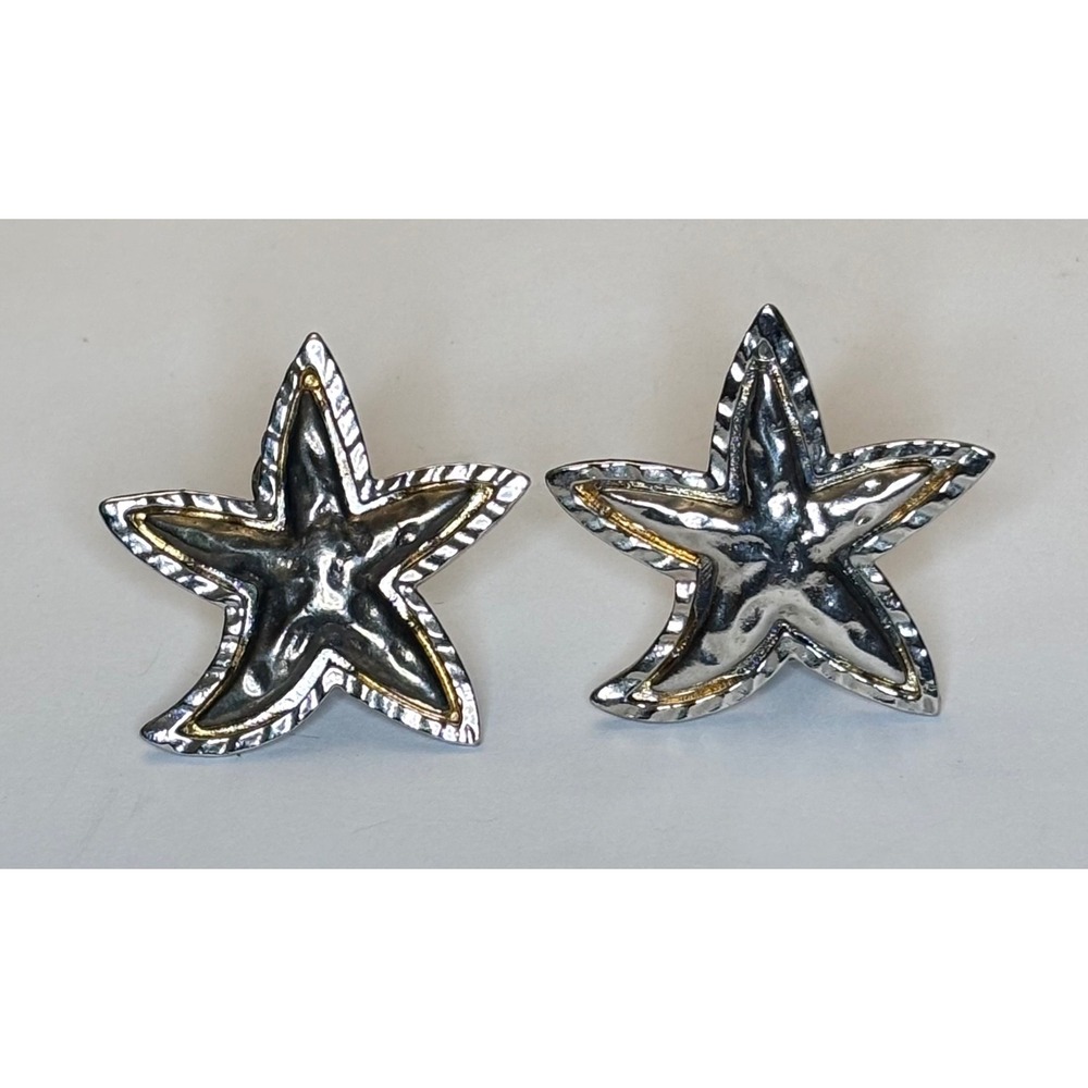 1980s Mixed Metal Nautical Starfish Clip On Earrings Hammered Two Tone Vintage